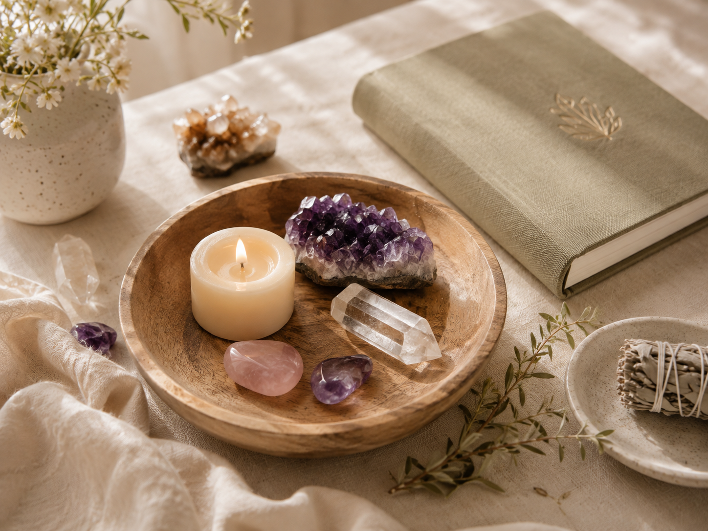 Evening candle and crystal wind-down ritual
