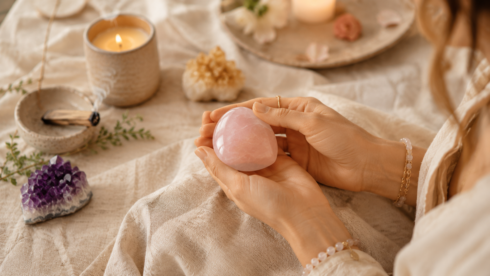 Hands holding rose quartz during a mindful ritual