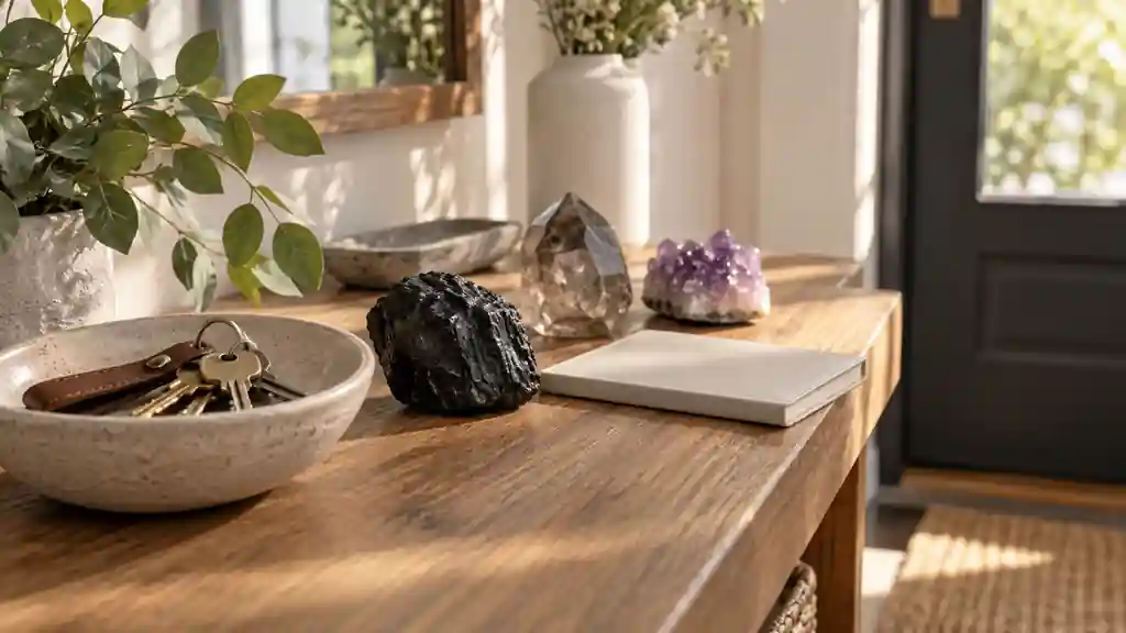 Dark stone, keys, notebook and crystal forms arranged by a quiet home threshold