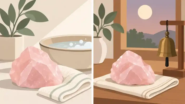 Rose quartz beside a gentle cleaning setup and a separate dry bell ritual scene