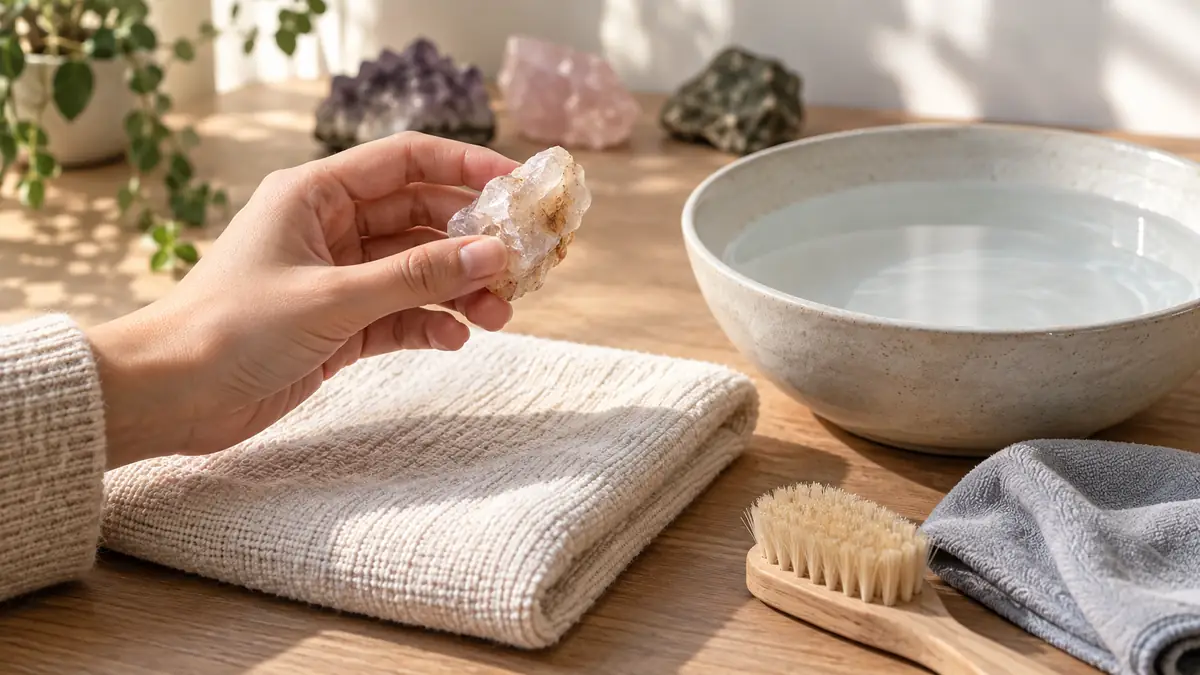 Hand holding an unidentified crystal above a dry towel beside a bowl of water before cleaning