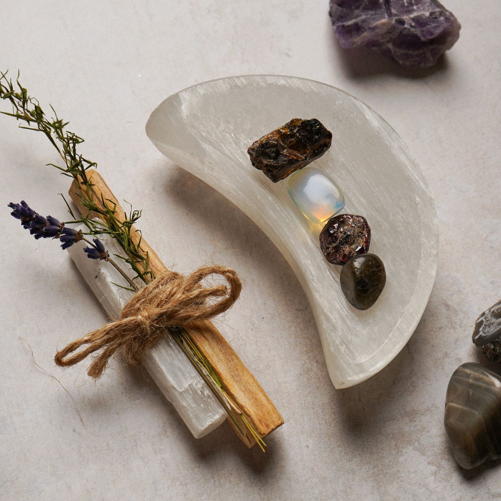 White selenite crescent holder and satin-spar wand